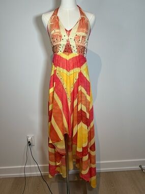 NWT S-Twelve Halter High-Low Maxi Dress in Coral, Orange & Yellow
